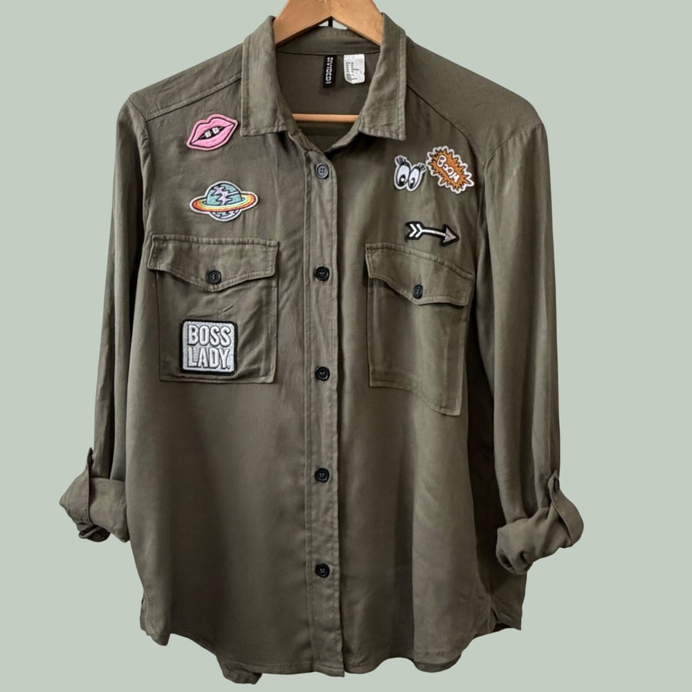 H&M Divided Olive Green Patch Utility Shirt Boss Lady Viscose Womens 12